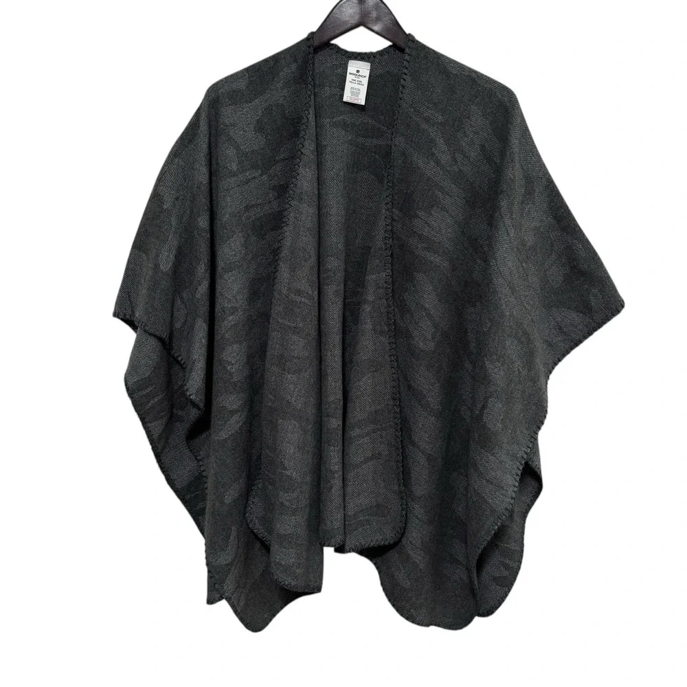 WOOLRICH Women's Wrap Cape Poncho Gray Camo Blanket Coat ONE SIZE Length 31